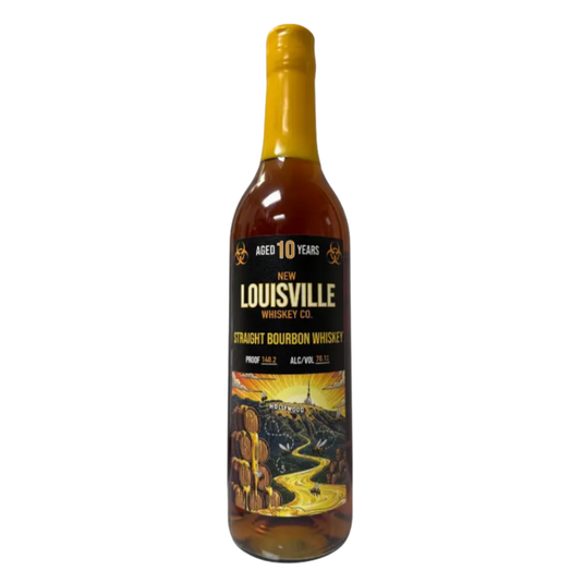 A bottle of Nulu New Louisville Whiskey Co. 10 Year ‘Hollywood Honey’ Hazmat Bourbon, 140.2 proof, featuring a yellow wax seal and a label with bourbon barrels and a winding river illustration.