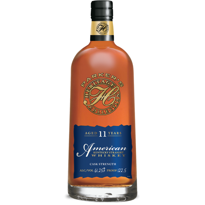 Parker’s Heritage Collection 11 Year American Whiskey Cask Strength by Parker's Heritage features a gold and brown label with a blue cask strength banner, is 61.3% ABV (122.6 proof), and was aged 11 years.