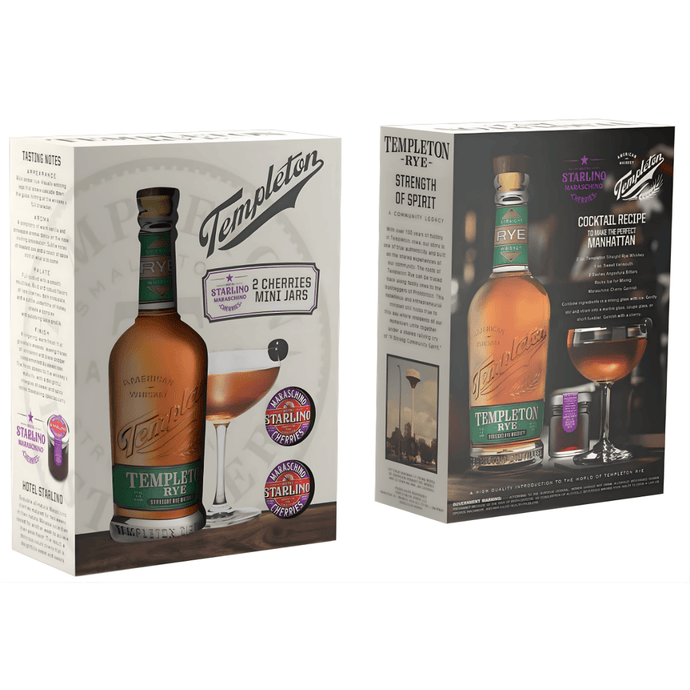 The Templeton Rye Whiskey 4 Yr Gift Pack includes whiskey bottles, cocktail glasses, and mini Starling cocktail cherries—an ideal gift. The box features Templeton Rye branding, tasting notes, and a Manhattan recipe.
