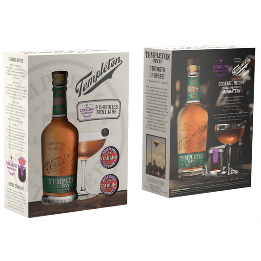 The Templeton Rye Whiskey 4 Yr Gift Pack includes whiskey bottles, cocktail glasses, and mini Starling cocktail cherries—an ideal gift. The box features Templeton Rye branding, tasting notes, and a Manhattan recipe.
