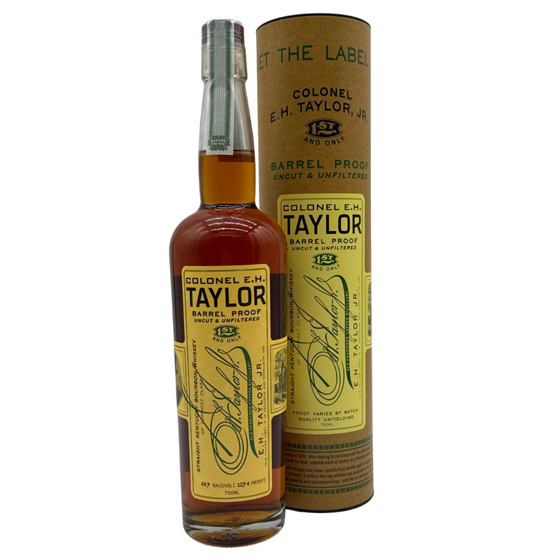 Load image into Gallery viewer, A bottle of Colonel E.H. Taylor, Jr. Barrel Proof Bourbon Batch 14 (127.4 Proof) is displayed with its matching cylindrical box, both featuring yellow labels with black and green text, gold accents, and a clear cap by Colonel E.H. Taylor.
