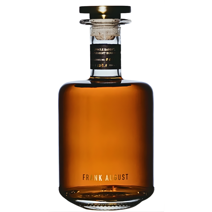A glass bottle of Frank August 7 Year Single Barrel Bourbon by Frank August, featuring a cork stopper and a black neck label, displayed against a white background.