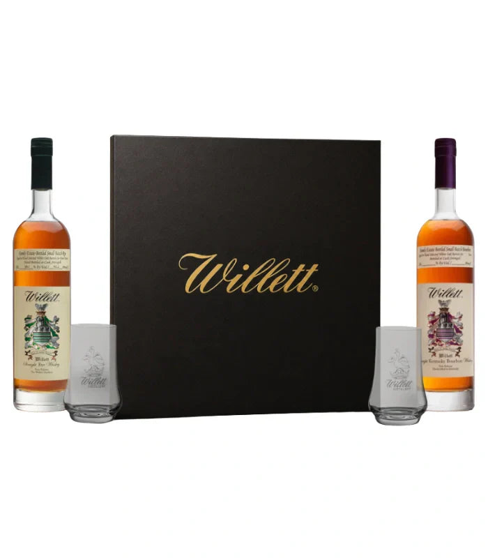Load image into Gallery viewer, The Willett Family Estate 2-Bottle Gift Set from Willett Distillery includes two 750mL bottles and two branded glasses, displayed beside a large black gift box with “Willett” in gold script.
