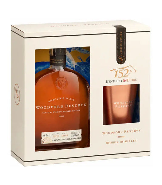 The Woodford Reserve 152 Kentucky Derby Edition Gift Set includes a 750ml bottle and branded julep cup, elegantly packaged in a cream-colored box.