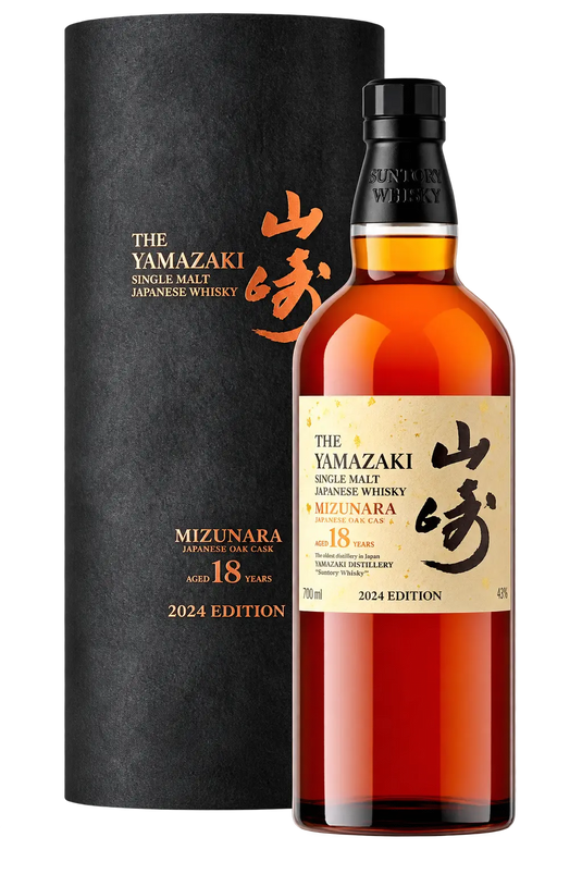 The Yamazaki 18 Year Mizunara Japanese Oak Cask Single Malt Whisky 700mL bottle and its matching black cylindrical box, both labeled Mizunara 2024 Edition.