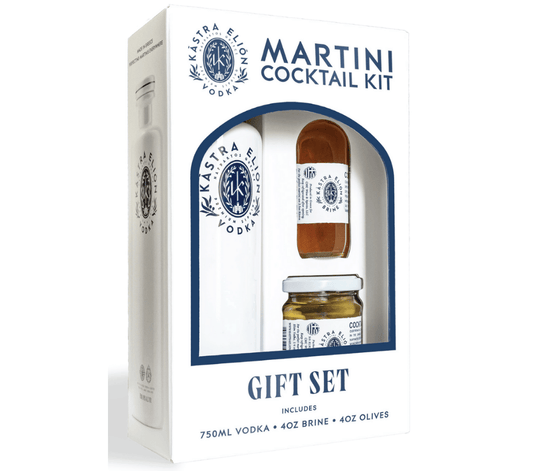 Kastra Elion Vodka Martini Cocktail Gift Set (750mL Vodka + 4oz Brine + 4oz Olives)