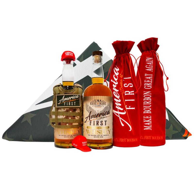 Load image into Gallery viewer, The America First Straight Bourbon Whiskey 2 Pack features bottles in camo and red velvet MAKE BOURBON GREAT AGAIN sleeves, with matching toppers, representing American craftsmanship and heritage.
