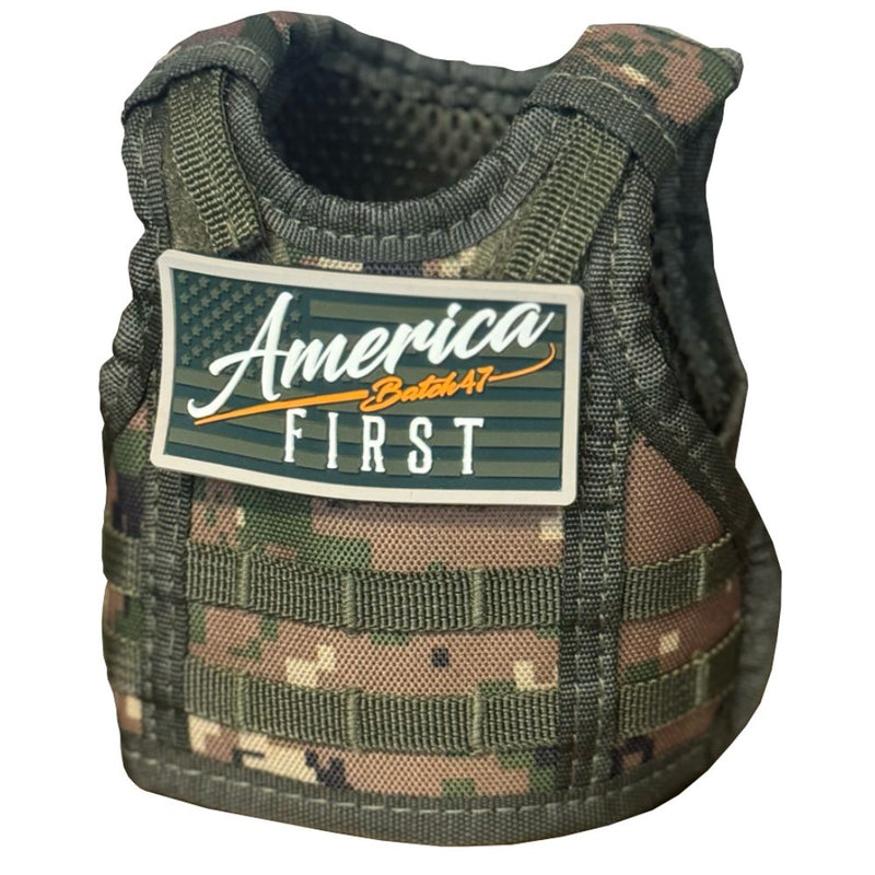 Load image into Gallery viewer, A camouflage vest featuring an American flag patch with "America First" and "Batch 47"—a must-have for fans of America First Straight Bourbon Whiskey or collectors of the America First 3 Pack.
