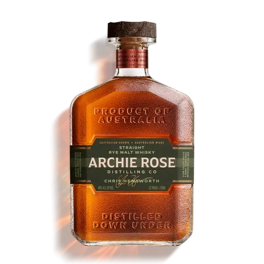 A bottle of Archie Rose Straight Rye Malt Whisky with a dark cork stopper and a label featuring product details and a signature.