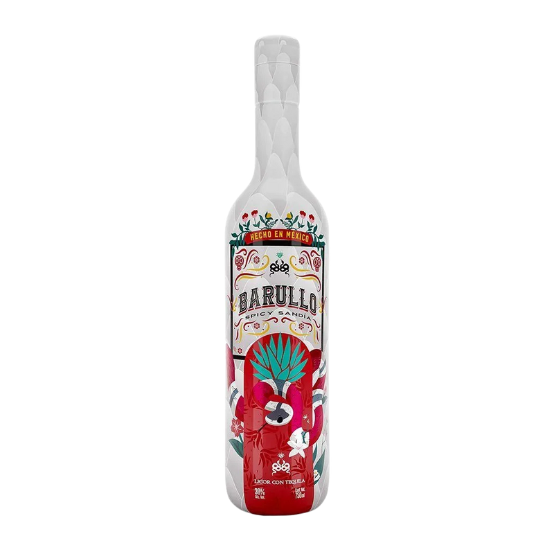 Load image into Gallery viewer, A 750ml bottle of Barullo Spicy Watermelon Sandía Liqueur—a vibrant, Mexican-inspired spirit—adorned with a colorful label displaying watermelon, chili, and agave illustrations, and “Hecho en Mexico” text at the top.

