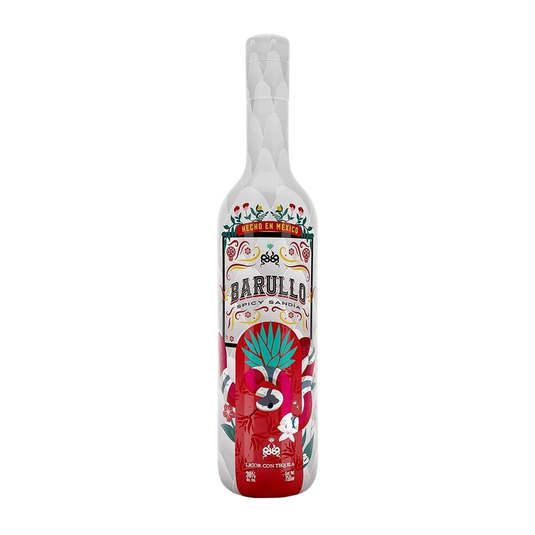 A 750ml bottle of Barullo Spicy Watermelon Sandía Liqueur—a vibrant, Mexican-inspired spirit—adorned with a colorful label displaying watermelon, chili, and agave illustrations, and “Hecho en Mexico” text at the top.