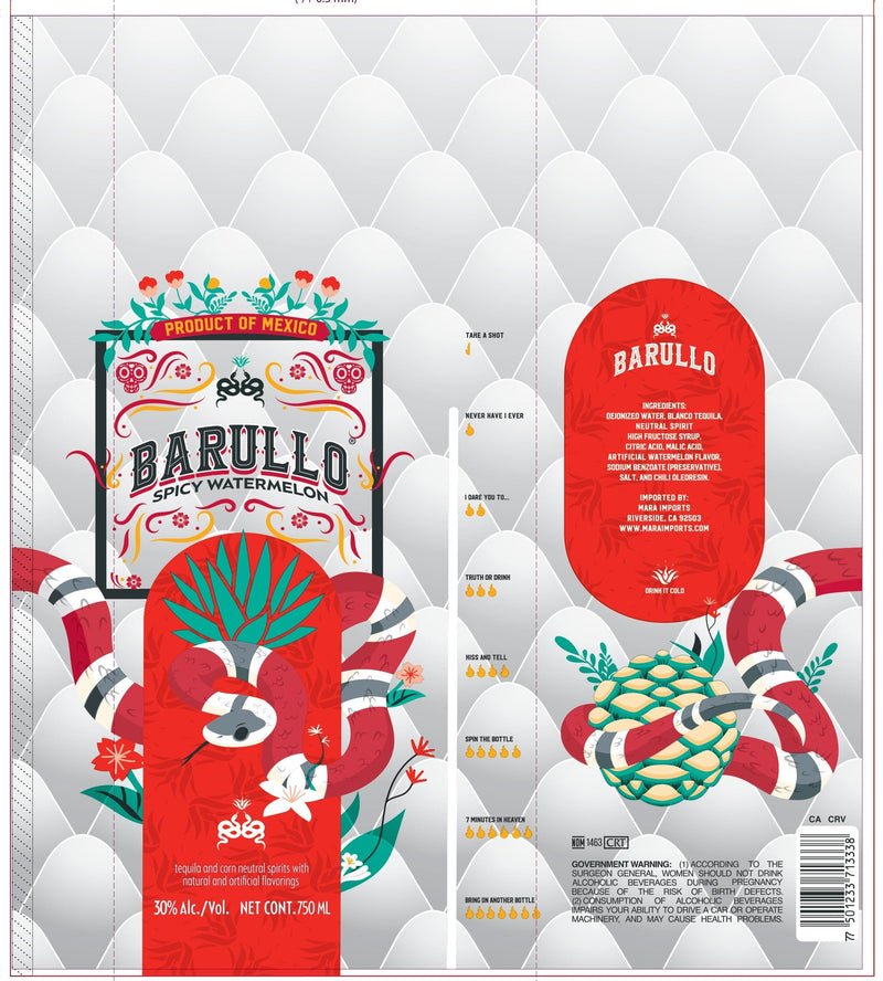 Load image into Gallery viewer, Barullo Spicy Watermelon Sandía Liqueur 750ml label features a striking red snake coiled around an agave plant, surrounded by vibrant watermelon slices and lush leaves, all set against a crisp white scale-patterned background. This captivating design embodies the bold character of Barullo’s spicy watermelon liqueur and includes essential product details as well as a Product of Mexico badge.
