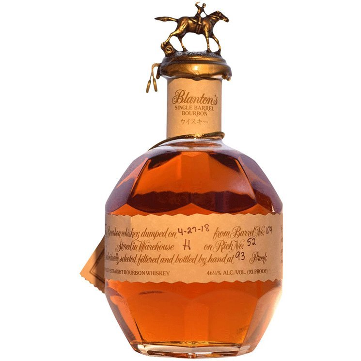 Load image into Gallery viewer, A bottle of Blanton's Special Reserve Takara Red Label 93 Proof—Japanese Import by Blanton's Bourbon—featuring a round, faceted shape, tan handwritten label, horse &amp; jockey topper, and rich amber whiskey inside.
