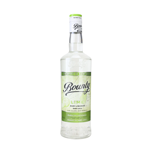 A 750 ml bottle of Bounty Rum Lime from Bounty Rum, showcasing a green and white label with lime graphics and tropical floral aromas, ideal for mixing into refreshing long drinks.