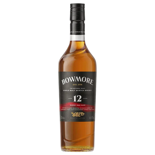 Bowmore 12 Year Sherry Oak Single Malt Scotch Whisky bottle, 700mL, showcasing rich amber color and distinctive label.