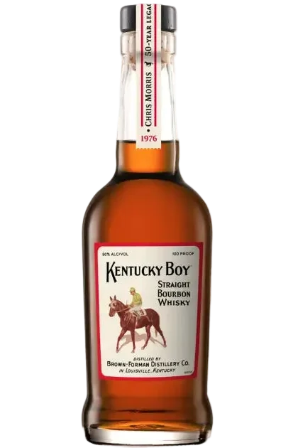 A bottle of Kentucky Boy Chris Morris 50-Year Legacy Straight Bourbon Whiskey from Brown-Forman. The label depicts a person on a horse and features text indicating 90% alcohol, 100 proof, as well as distillery information from Louisville, Kentucky. The neck tag reads “Chris Morris | 50th Year Legacy,” commemorating the legendary Brown-Forman master distiller’s remarkable anniversary.