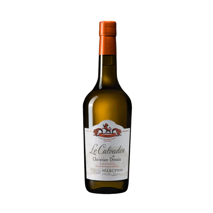 A bottle of Christian Drouin Calvados Sélection apple brandy with a white label and orange cap is shown against a plain white background.