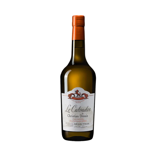 A bottle of Christian Drouin Calvados Sélection apple brandy with a white label and orange cap is shown against a plain white background.