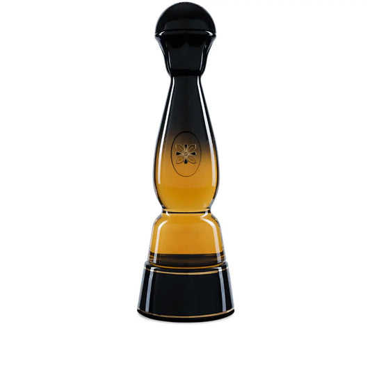 A tall, elegant bottle with a black top and base, clear middle showing amber liquid, and a floral emblem—this is the limited edition Clase Azul Gold Tequila from Clase Azul Tequila.