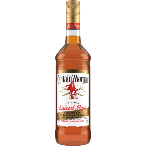 Captain Morgan Original Spiced Rum features a gold cap, white label, and pirate illustration. This smooth Caribbean spiced rum is made with real Madagascan vanilla—ideal for creating delicious cocktails.