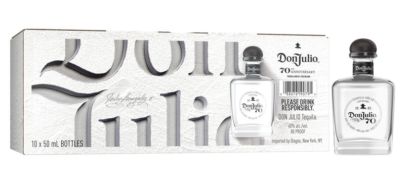 Load image into Gallery viewer, Don Julio Tequila 70 Cristalino Añejo Tequila 50ml (10 Pack) comes in white embossed packaging with bold black text, featuring two clear mini bottles with black caps.
