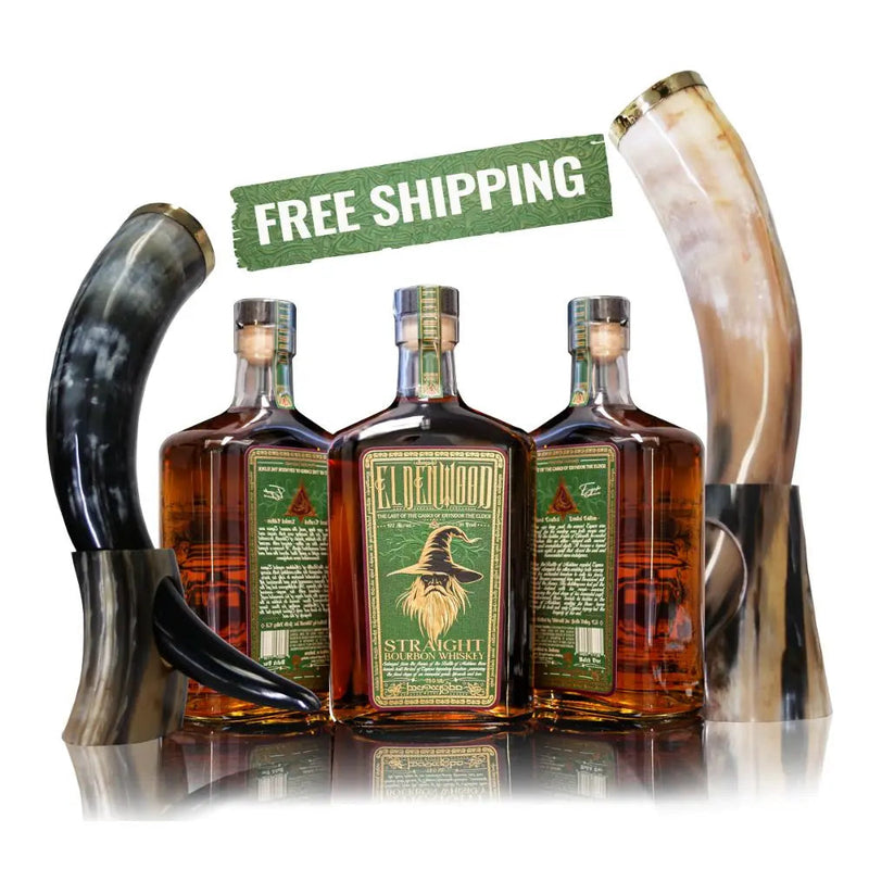 Load image into Gallery viewer, Eldenwood Straight Bourbon Whiskey 3 Pack is showcased between four decorative drinking horns, with a FREE SHIPPING banner above—order your limited edition Eldenwood whiskey set today!.
