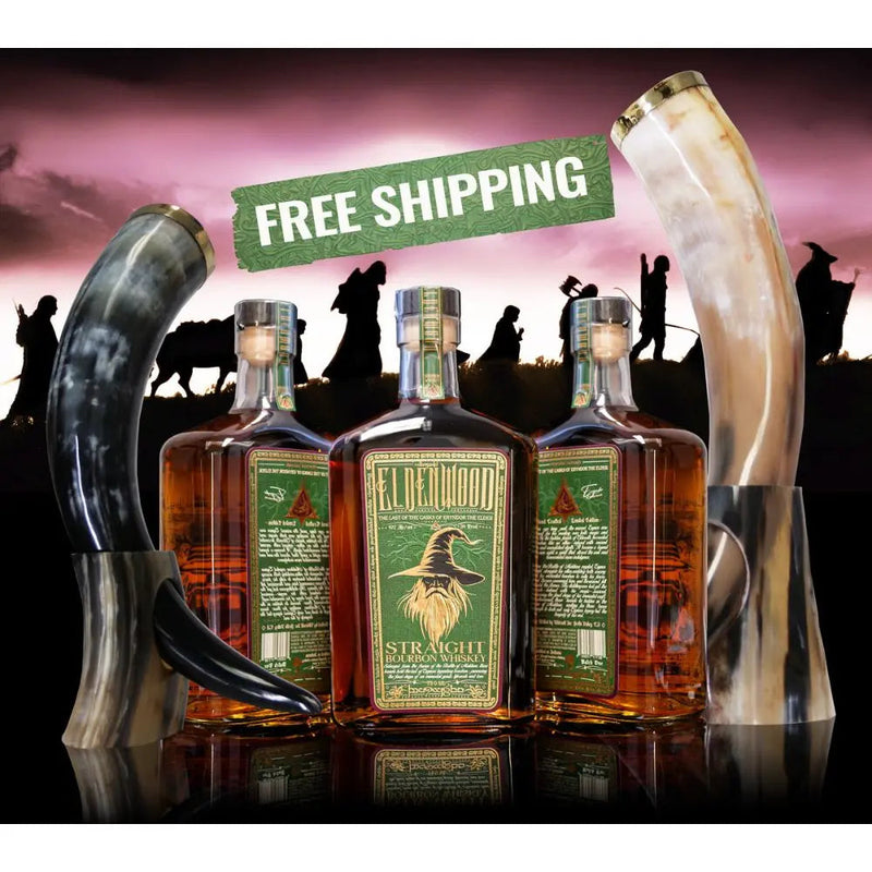 Load image into Gallery viewer, Eldenwood Straight Bourbon Whiskey 3 Pack is shown between two drinking horns, with a FREE SHIPPING banner and sunset traveler silhouettes—grab this limited Eldenwood bourbon whiskey offer today!.
