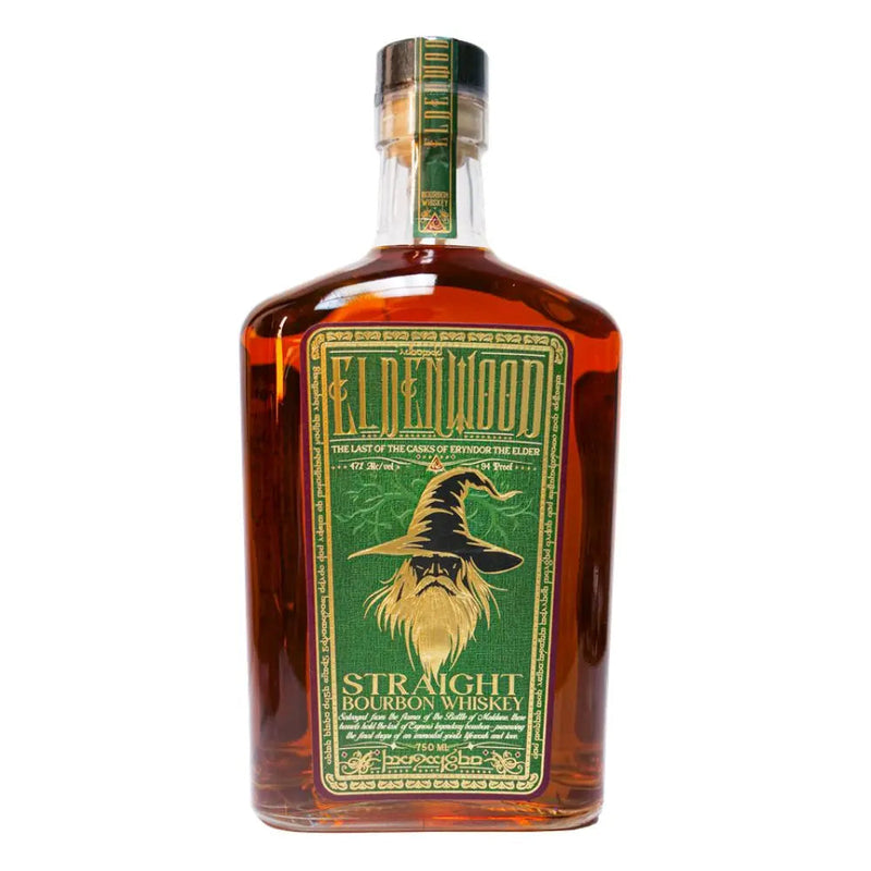 Load image into Gallery viewer, A bottle of Eldenwood Straight Bourbon Whiskey features a green and gold label with Eryndor the Elder, a bearded wizard in a pointed hat. The whiskey inside has a rich amber color.
