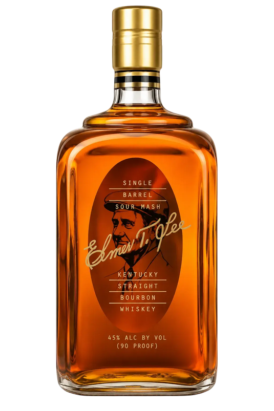 A clear bottle of Elmer T. Lee Single Barrel by Elmer T. Lee, filled with amber bourbon and topped with a gold cap, features a label displaying text and an illustration of a man’s profile.