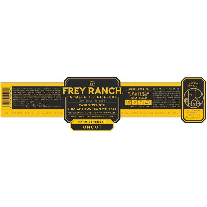 Load image into Gallery viewer, Label for Frey Ranch Straight Bourbon Cask Strength Farm Strength Uncut 125.16, in gold and black, highlights sustainable grains, non-chill filtered and uncut bourbon at 62.58% ABV, with details on the distillers and farm origin.
