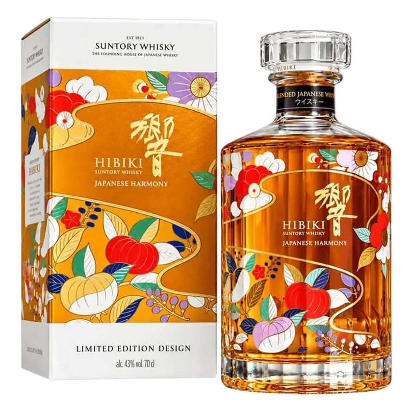 Load image into Gallery viewer, A bottle of Hibiki Japanese Harmony Chiso 2026 Limited Edition Blended Japanese Whisky 750mL and its box, both featuring a gold-toned label with colorful botanical illustrations of flowers and fruit.

