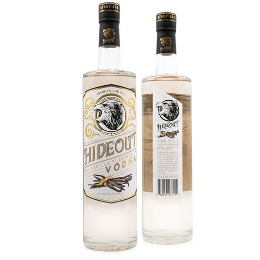 Two bottles of Hideout Vanilla Flavored Vodka from Hideout Vodka: one displays the front label featuring a bear image and vanilla beans, while the other shows the back label with product details.
