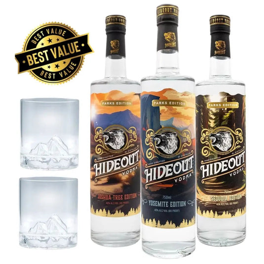 Three bottles from the Hideout Vodka Parks Edition 3 Pack (featuring Joshua Tree, Yosemite, and Sequoia designs) are displayed between two free branded mountain glasses filled with ice. A gold "Best Value" badge appears in the upper left corner.