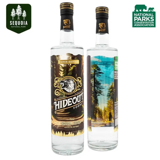 Two bottles of Hideout Vodka Sequoia Edition, featuring scenic labels. The top corners display the Sequoia National Park and National Parks Conservation Association logos.