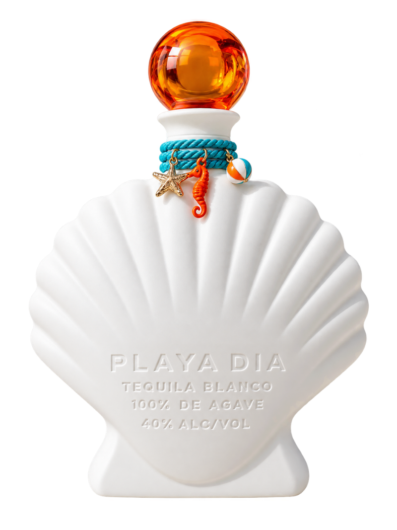 Load image into Gallery viewer, A white, shell-shaped bottle labeled Playa Dia Blanco Tequila, adorned with a round amber cap, blue cord, and sea-themed charms—a starfish, seahorse, and ball—holds premium PLAYA DIA Blanco Tequila. Crafted from 100% Blue Weber agave and free from additives, this tequila captures the pure essence of the agave plant in every pour.
