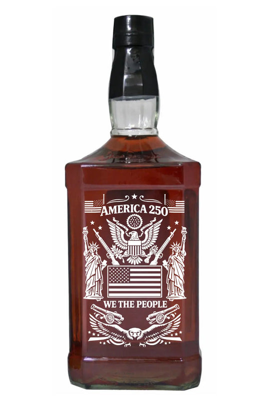 The Jack Daniel’s 3L America 250th Anniversary Custom Etched Bottle by Memorybottes features eagles, the American flag, and “WE THE PEOPLE”—a striking commemorative collector's item celebrating patriotic spirit.