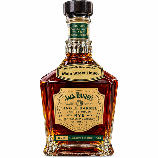 A 750ml bottle of Jack Daniel’s Single Barrel Barrel Proof Rye, Main Street Liquor Private Selection (Barrel