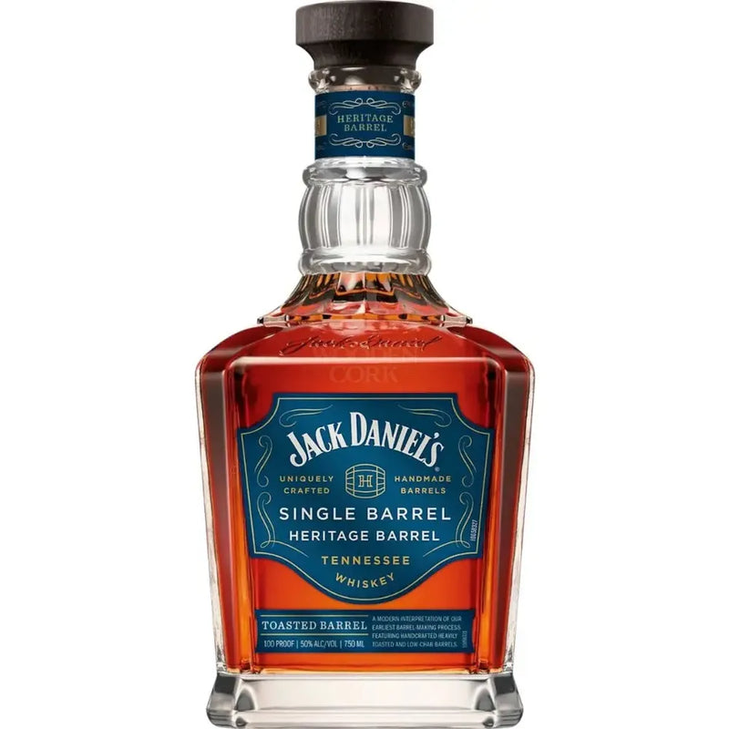 Load image into Gallery viewer, A 750mL bottle of Jack Daniel’s Heritage Toasted Single Barrel 2025 Release with a blue and copper label, clear glass, and a wooden-topped cork. The amber Tennessee whiskey is expertly crafted in toasted oak barrels.
