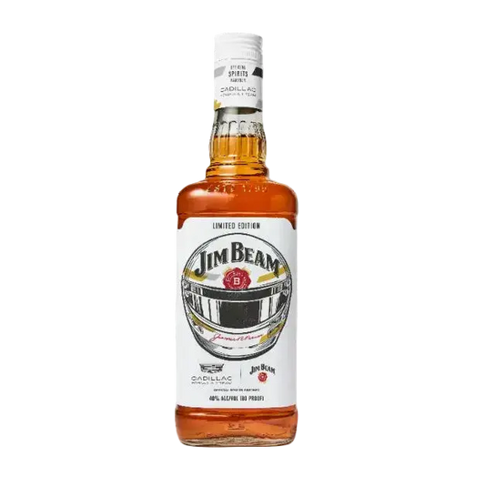The Jim Beam x Cadillac F1 Team Limited Edition Bourbon features Kentucky Straight Bourbon Whiskey and a label inspired by a vintage Cadillac grille, with bold gold, black, and red accents on crisp white.