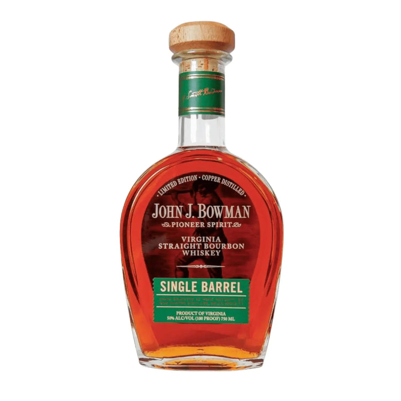 Load image into Gallery viewer, The A. Smith Bowman Distillery’s John J. Bowman Single Barrel Bourbon – K&amp;L Wines Store Pick (Limited Edition) features a green and gold label, a wooden cork top, and displays its amber whiskey in an elegant bottle.
