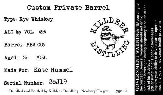 Killdeer Distilling Custom Private Barrel Rye Whiskey - Main Street Liquor