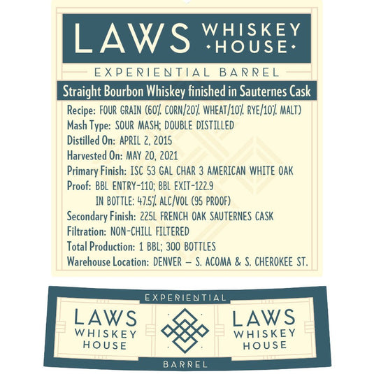 Laws Experiential Barrel Straight Bourbon Finished in Sauternes Casks - Main Street Liquor