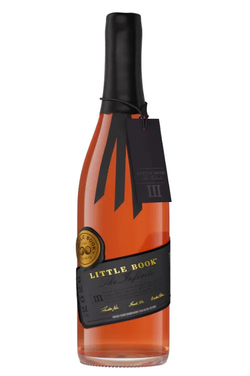 A bottle of Little Book The Infinite Edition III by Little Book, a limited-release American whiskey, featuring a black wax seal, black and gold label, and a black tag hanging from the neck. The blended American whiskey inside has a warm amber color.