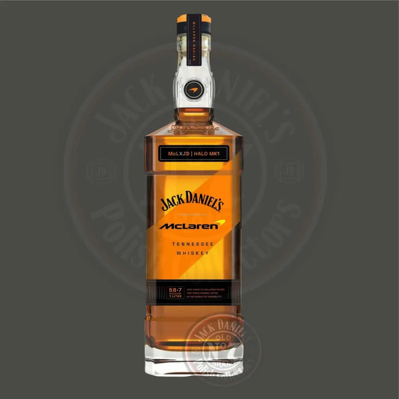 Load image into Gallery viewer, The Jack Daniel’s X McLaren Halo Prestige Tennessee Whiskey Limited Edition 1L features McLaren and Halo MK1 branding, a sleek black and orange label, and a unique rectangular bottle—perfect for Formula 1 collectors.
