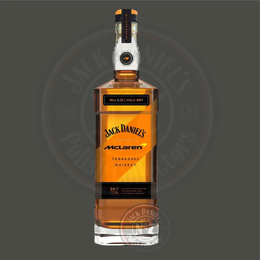 The Jack Daniel’s X McLaren Halo Prestige Tennessee Whiskey Limited Edition 1L features McLaren and Halo MK1 branding, a sleek black and orange label, and a unique rectangular bottle—perfect for Formula 1 collectors.