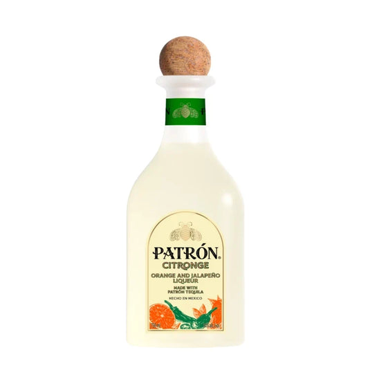 A bottle of Patron Citronge Orange & Jalapeño Liqueur by Patron, featuring a wooden cork and a label decorated with lively orange slices and jalapeño imagery—ideal for mixing a bold, flavorful spicy margarita with an artisanal twist of orange liqueur.