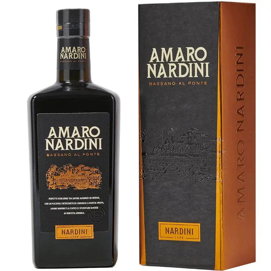 A bottle of Nardini Amaro Nardini Italian Herbal Liqueur 700mL stands beside its matching black box, both adorned with gold and orange accents and featuring the brand and Bassano al Ponte in bold lettering.