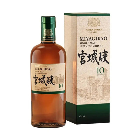 A bottle of Nikka Miyagikyo 10 Year Old Single Malt Japanese Whisky by Nikka is displayed alongside its matching beige and green box featuring Japanese characters and mountain motifs, highlighting the renowned distillery’s commitment to producing outstanding single malt whisky.
