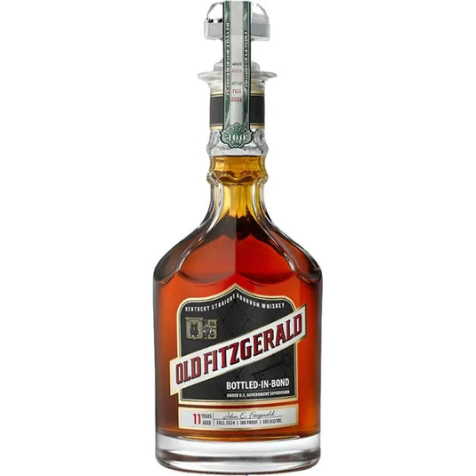 A bottle of Old Fitzgerald Bottled in Bond Fall 2024 Release Bourbon from Old Fitzgerald, featuring a decorative label and unique decanter-style glass stopper.