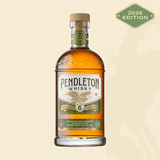 A bottle of Pendleton Whisky Military Edition 2026, a limited edition Canadian whisky by Pendleton Whisky, featuring a gold and green military-themed label with an eagle and the number 6, and a green "2026 Edition" badge in the top right corner.